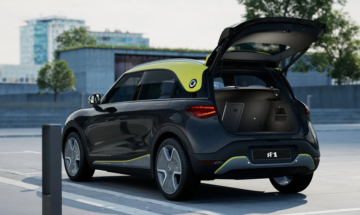 Rear view of a black smart #1 electric car with the boot open