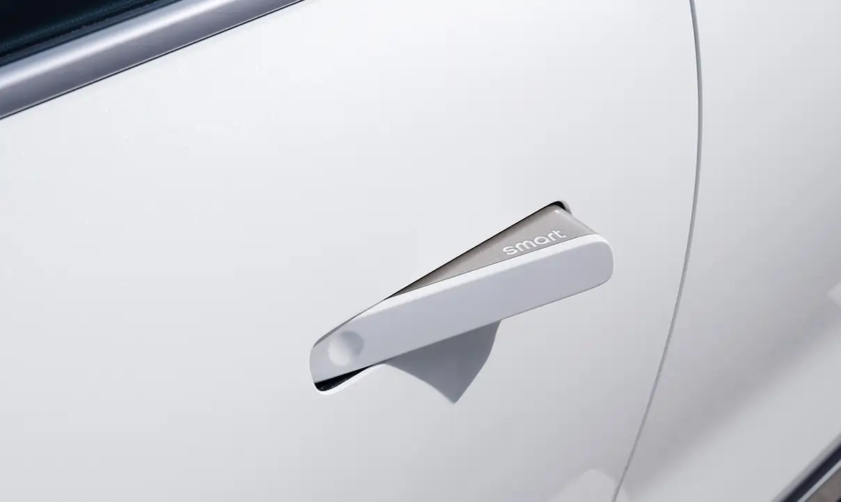 Close-up of a white smart #1 electric car pop out door handles