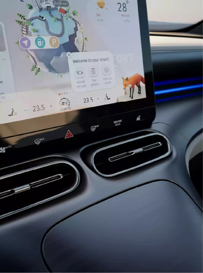 Close up of the smart #1 electric car touch screen and air vents 