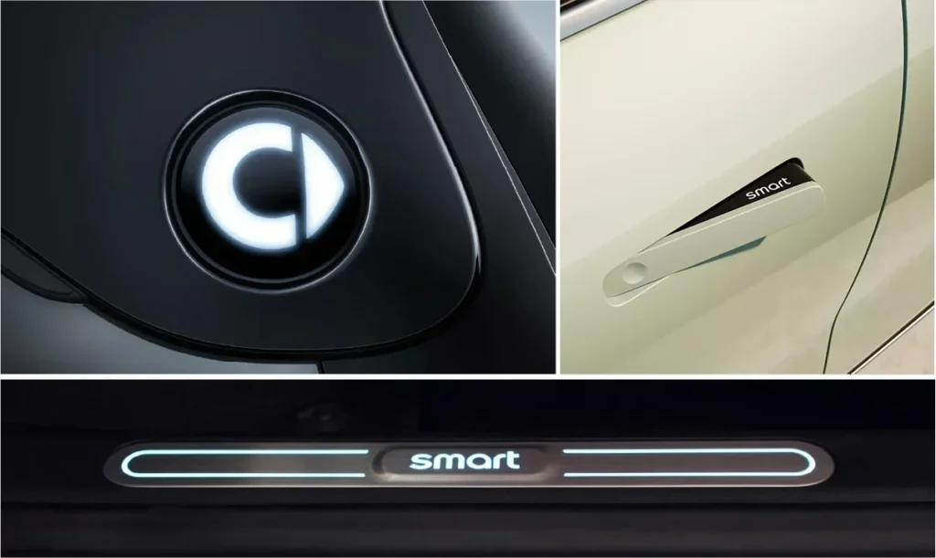 Three combined close-up images of smart #1 electric car design details