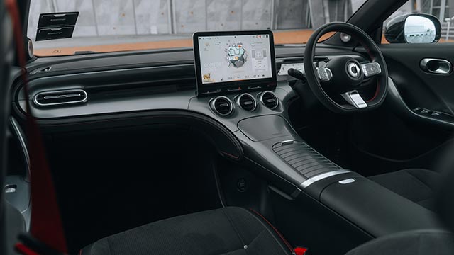Interior of the smart #3 electric car with large centre touchscreen and black trim