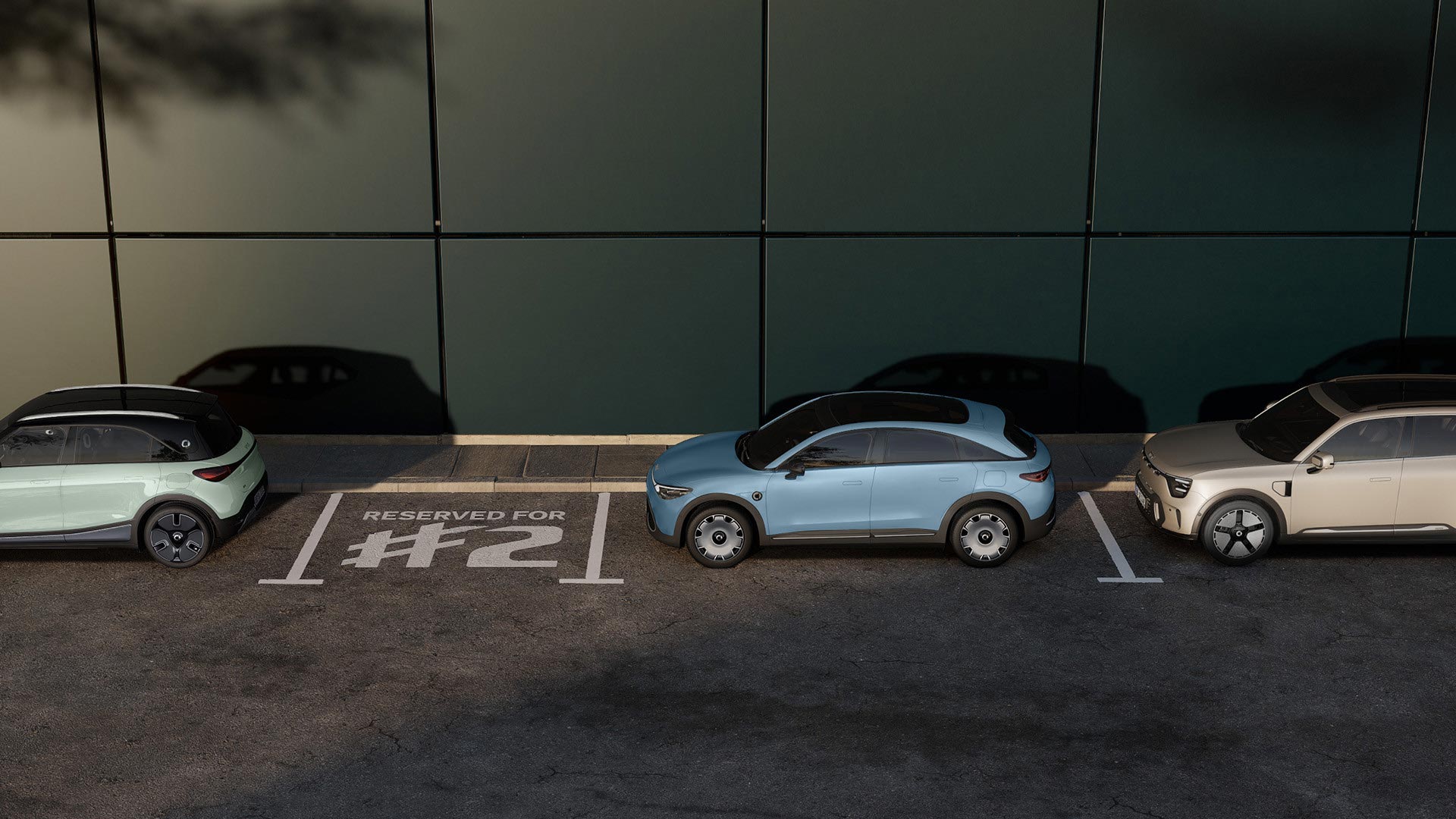 Three smart electric cars (smart #1, smart #3 and smart #5 parked in marked parallel street parking with a tiny empty parking spot reserved for the new smart #2