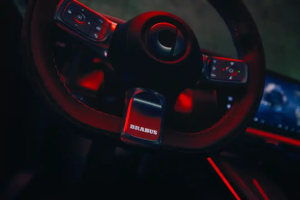 Steering wheel of the smart #5 BRABUS with the BRABUS logo at the bottom