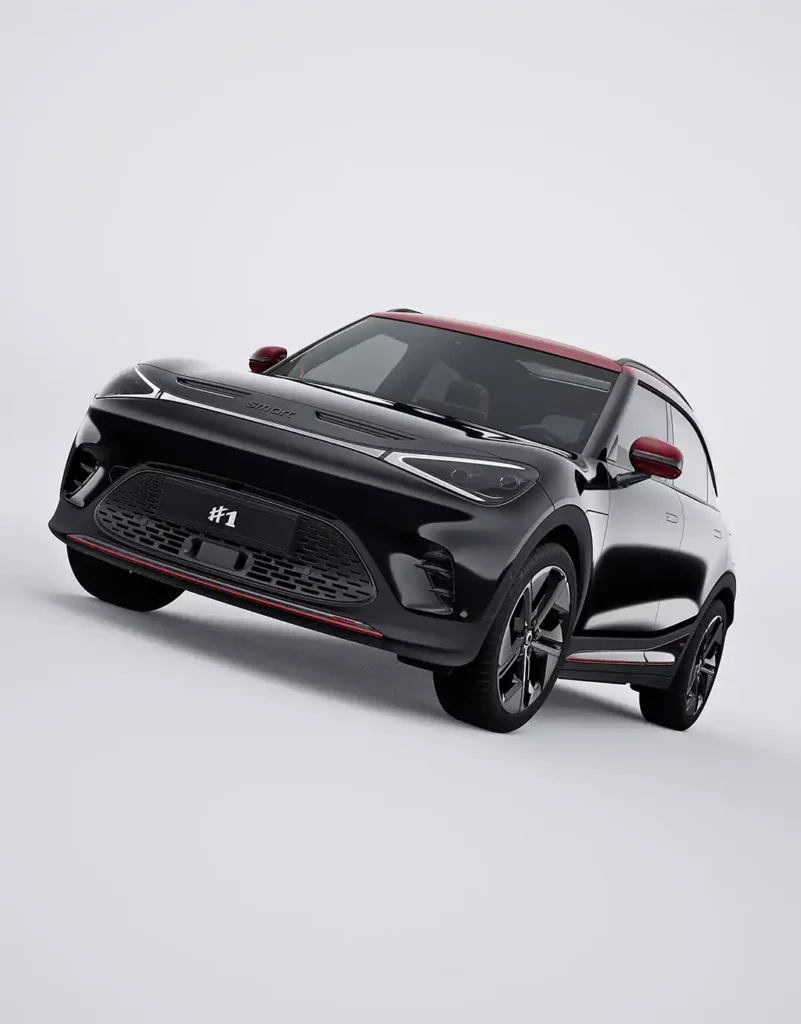 Low down and angled front thee quarter view of a black all-electric smart #1 BRABUS compact SUV