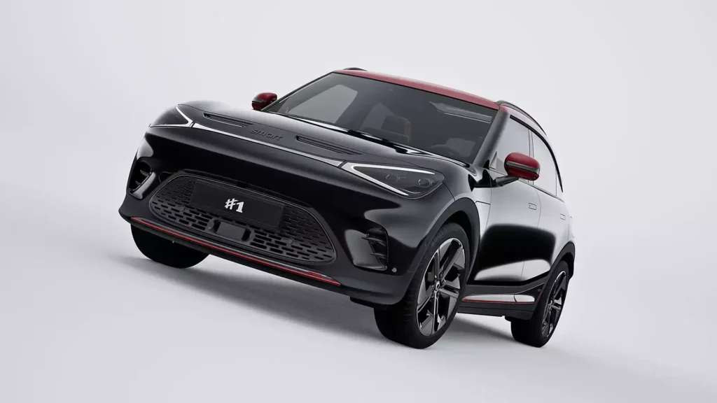 Low down and angled front thee quarter view of a black all-electric smart #1 BRABUS compact SUV